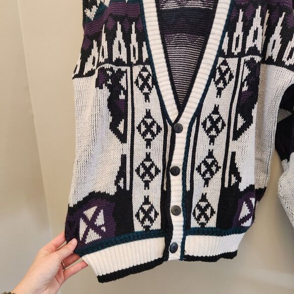 Vtg 90s Code Zero V-Neck Cardigan Sweater Knit Geometric Nordic Grandpacore Sz L - Picture 3 of 12